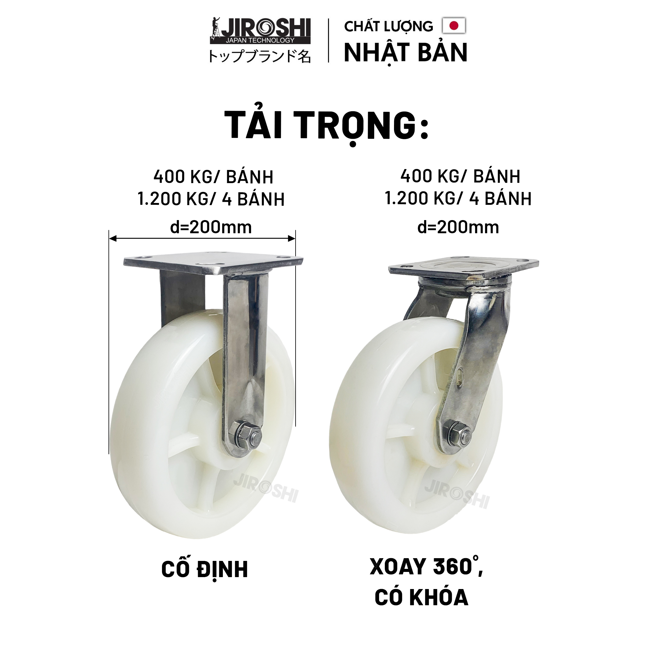 Bánh xe đẩy hàng tải trọng lớn chống hóa chất JIROSHI, bánh xe PA độ bền cao công nghệ nhật bản