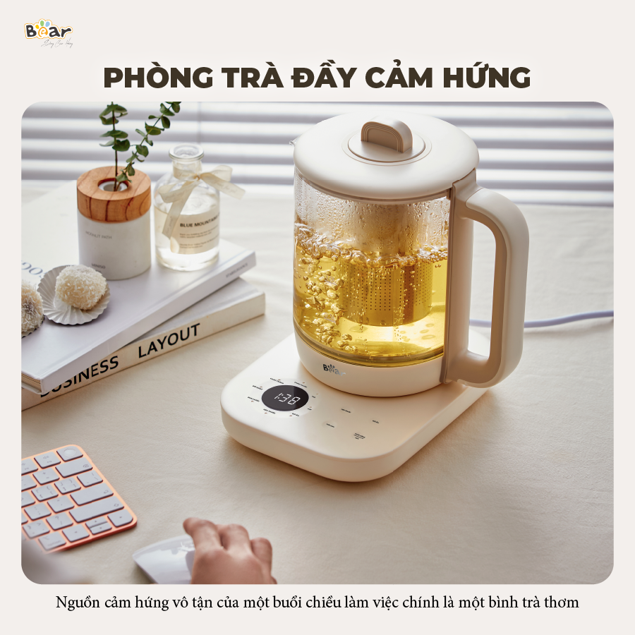 Bình Pha Trà BEAR 1,5L Ấm Thủy Tinh Đun Nước Giữ Nhiệt Hẹn Giờ Có Lưới Lọc Bảo Hành 18 Tháng - SB-PT15K 1000W