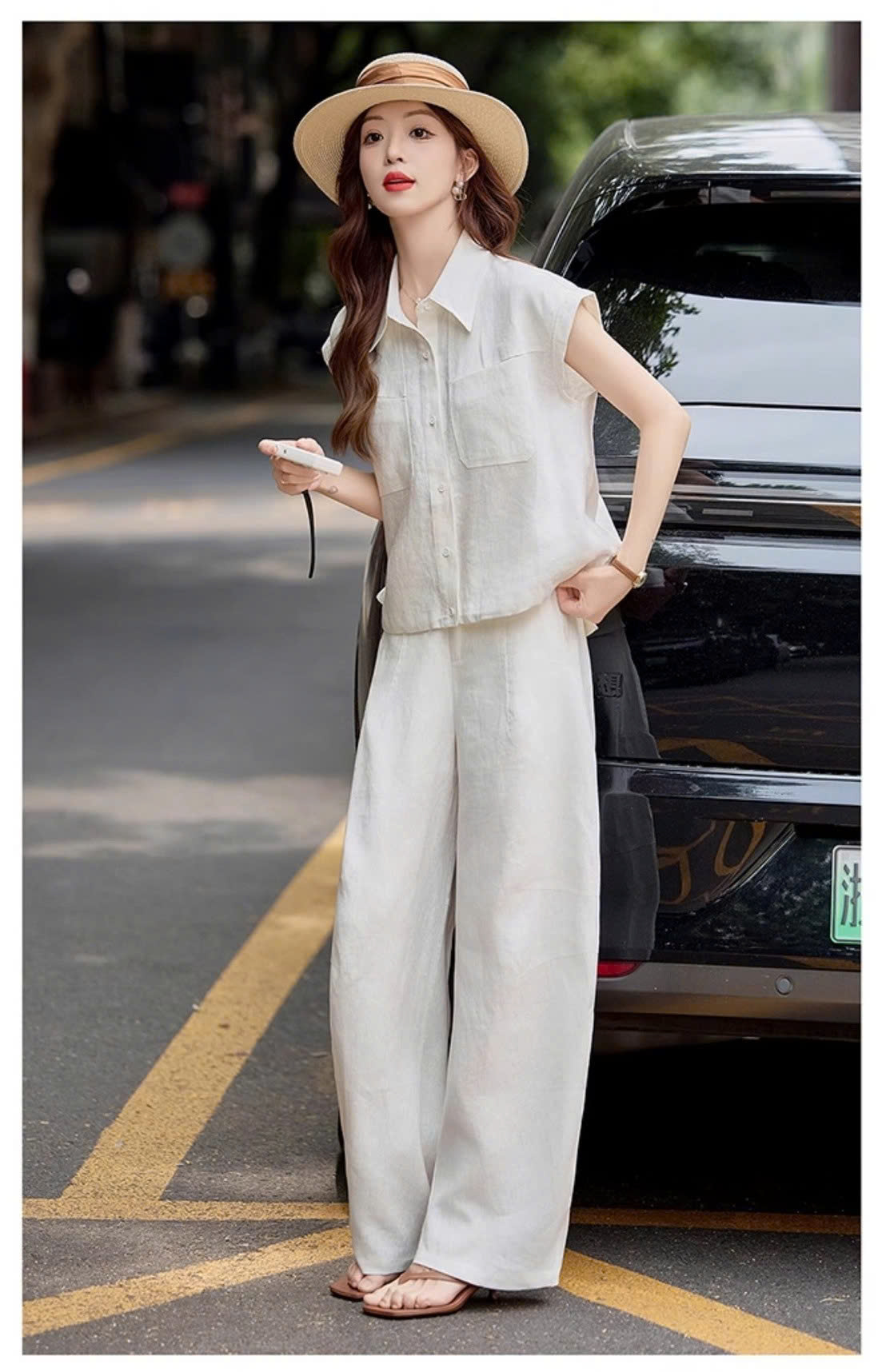 Set sơ mi tay cánh tiên thiết kế mix quần suông ống rộng cạp cao tôn dáng dịu dàng