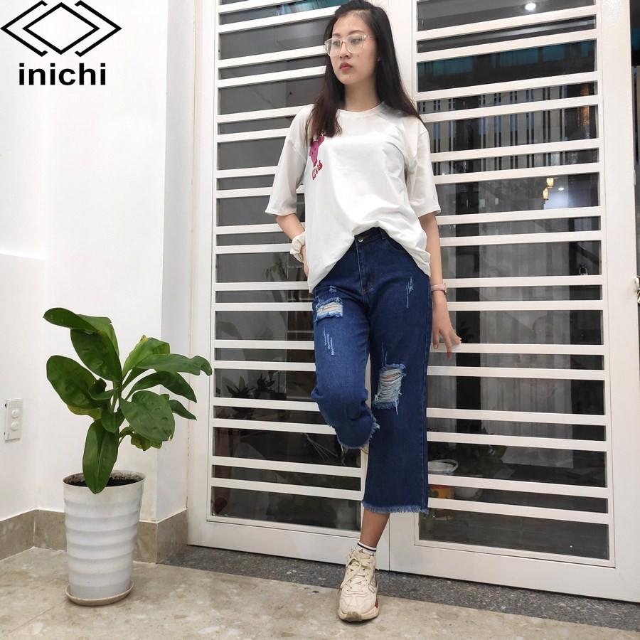 Quần baggy jean nữ Q682 xanh đậm cạp cao rách gối INICHI
