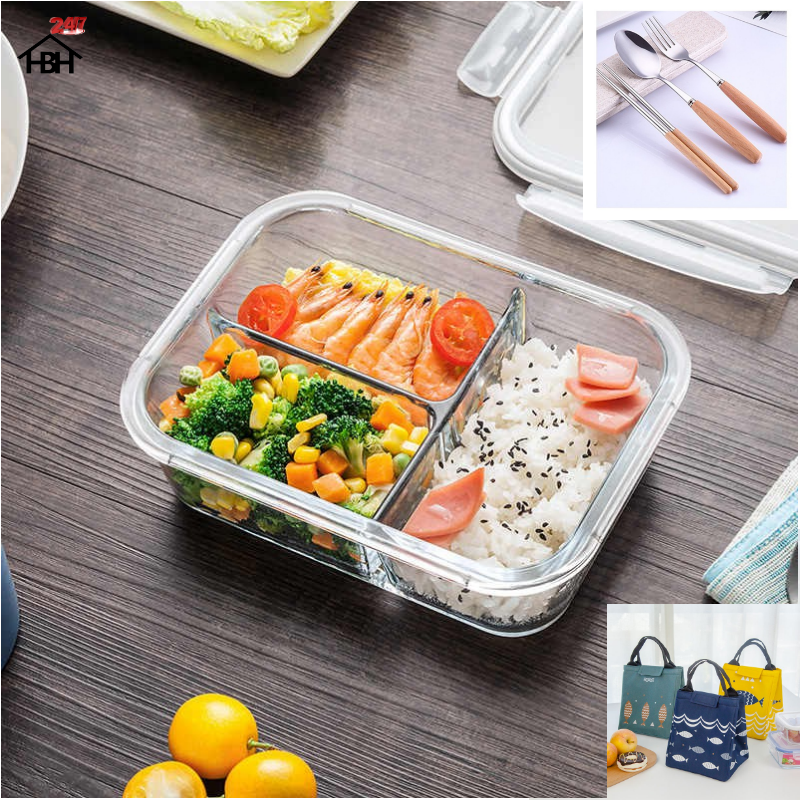 Hộp Cơm Thủy Tinh 3 Ngăn 1050 ml + Túi Cá + Hộp Đũa Thìa Cán gỗ cực kì tiện lợi