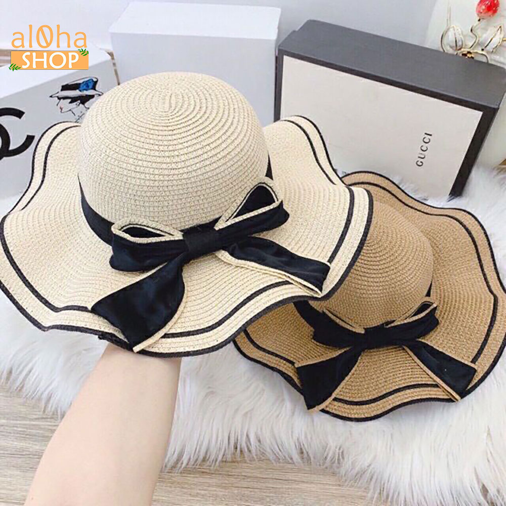 Nón cói vành sóng viền đen - mũ cói mềm thắt nơ chống nắng, đi biển - al0ha Shop