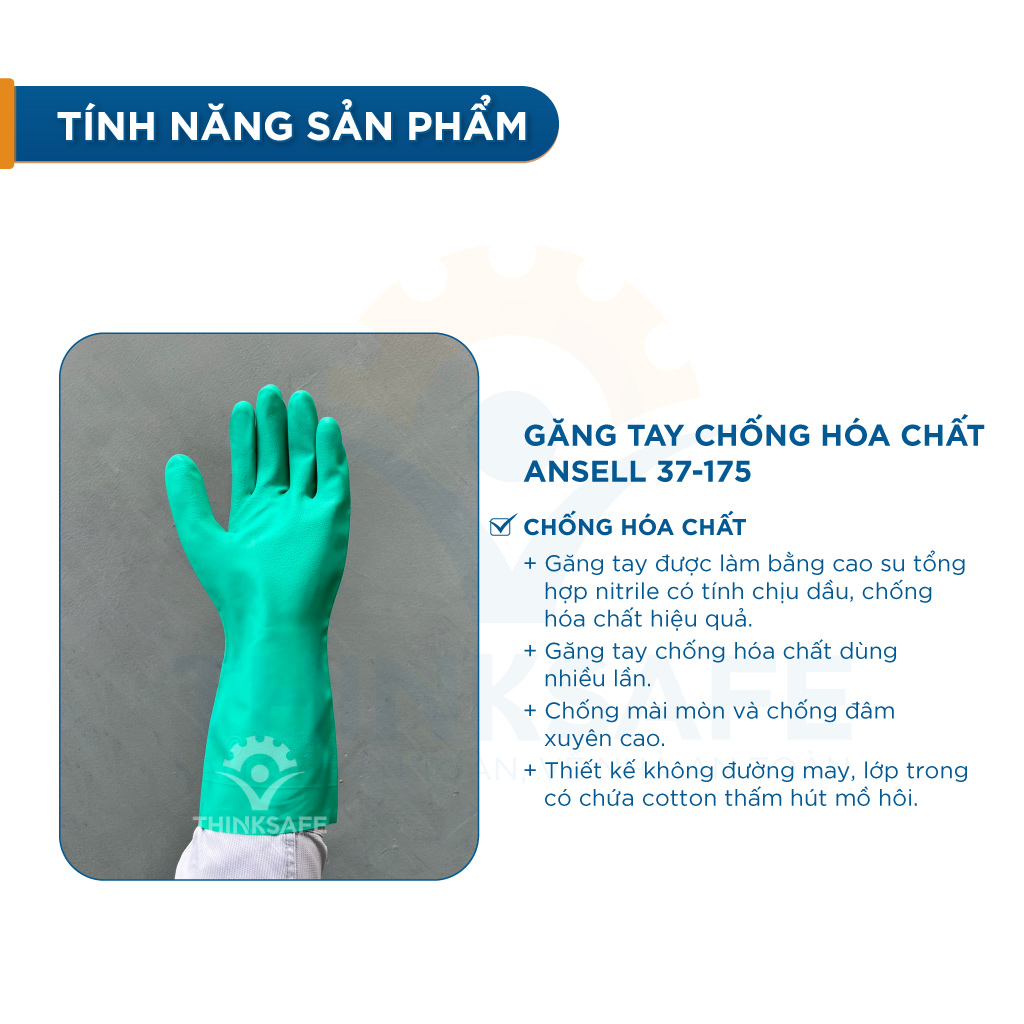 Găng chống hóa chất Ansell 37-175 cấu tạo nitrile chống hóa chất, chống dầu nhớt, có lót thấm hút mồ hôi tốt (xanh lá)