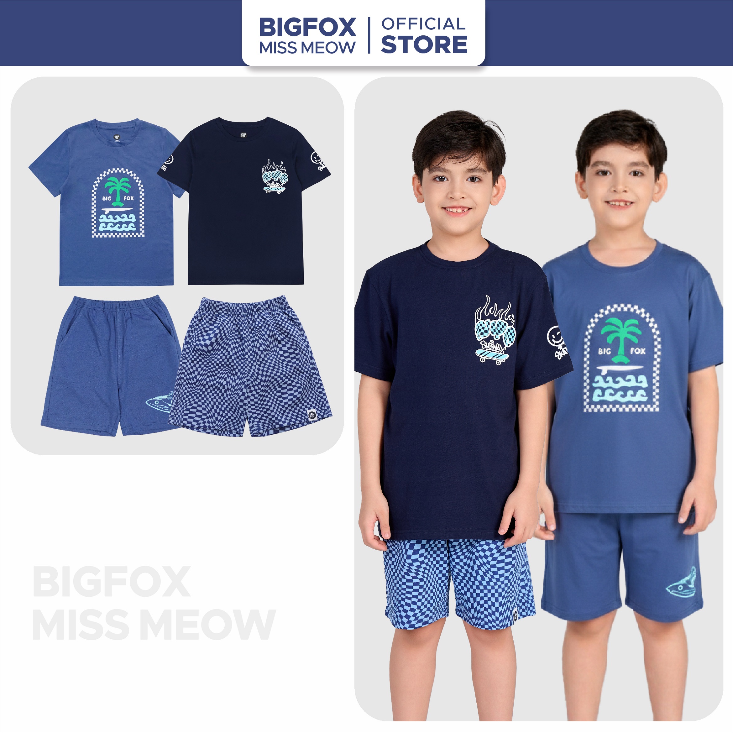 Bộ đồ bé trai cộc tay Bigfox Miss Meow size đại mặc nhà mùa hè vải cotton cho trẻ em nam 3-11 tuổi