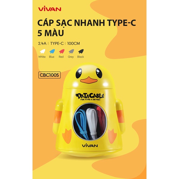 Cáp Sạc nhanh USB to Type-C Vivan CBC100S Nhực PVC Dẹt 1m (Giao màu ngẫu nhiên) - HÀNG CHÍNH HÃNG