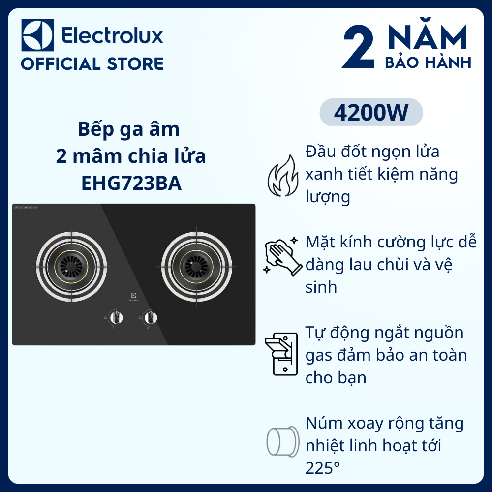 Bếp ga âm Electrolux EHG723BA 2 mâm chia lửa 78cm - Tiết kiệm năng lượng, ngắt, kiểm soát ngọn lửa an toàn, núm vặn xoay rộng