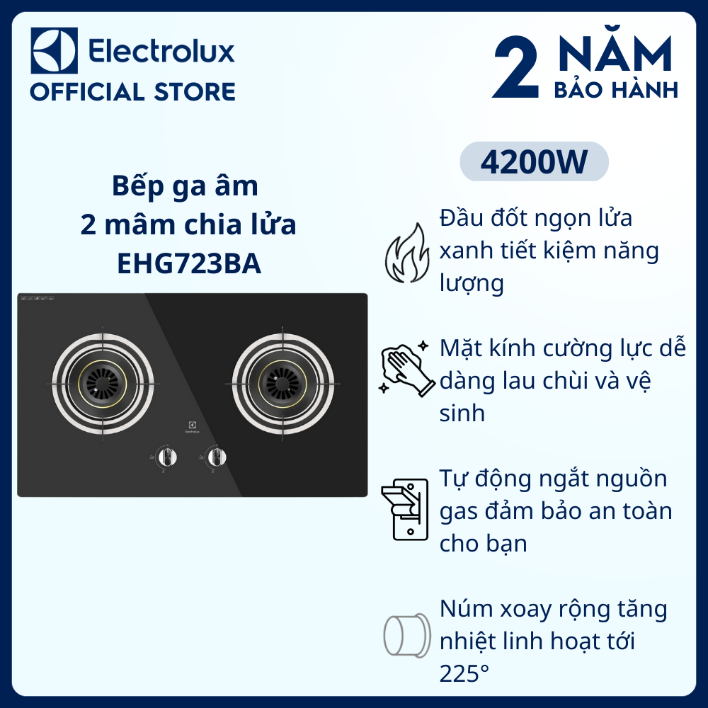 [Free Giao lắp] Bếp ga âm Electrolux EHG723BA 2 mâm chia lửa 78cm - Tiết kiệm năng lượng, ngắt, kiểm soát ngọn lửa an toàn, núm vặn xoay rộng [Hàng chính hãng]