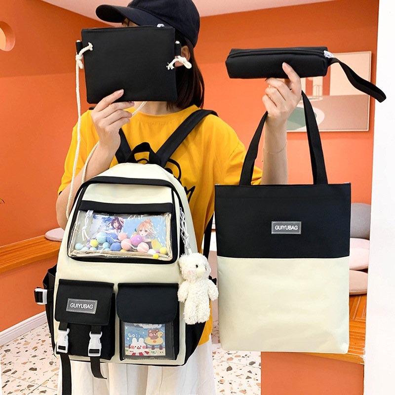 SET BALO 4 MÓN ĐI HỌC HỌC SINH SINH VIÊN LAPTOP UNISEX BALO Hàn QUỐC, BALO 4 MÓN THỜI TRANG NAM NỮ - GUIYUBAG MICA HỘP