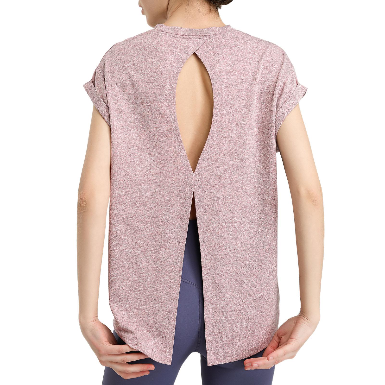 Áo thun thể thao nữ xẻ lưng giúp tôn dáng, tay ngắn, nhanh khô, dùng trong yoga, gym