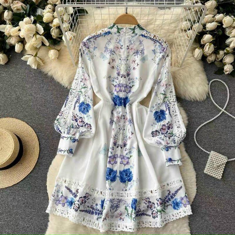 ĐẦM LỤA HOA CỔ TRỤ TAY DÀI