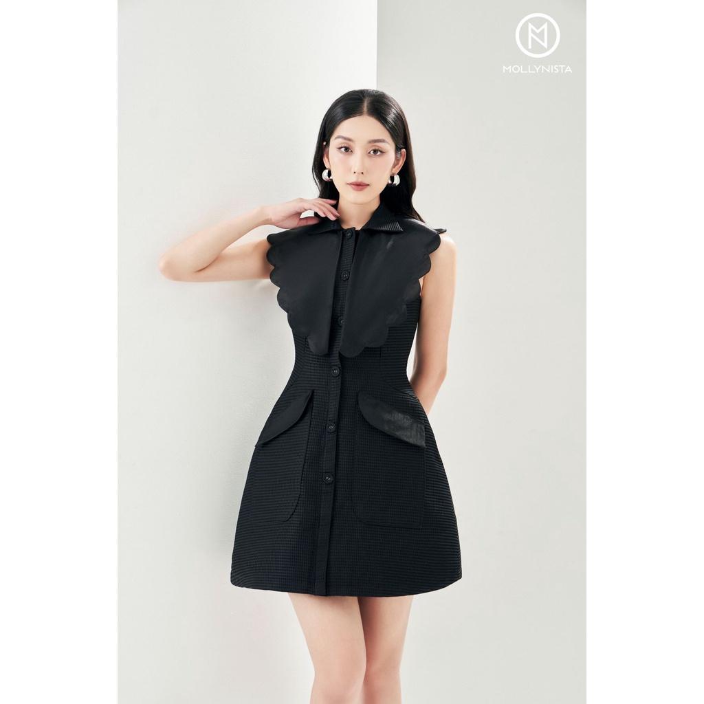 MOLLYNISTA - Đầm Maria phối lá cổ tròn organza von tơ tiểu thư nữ tính thiết kế cao cấp đi chơi đi tiệc công sở