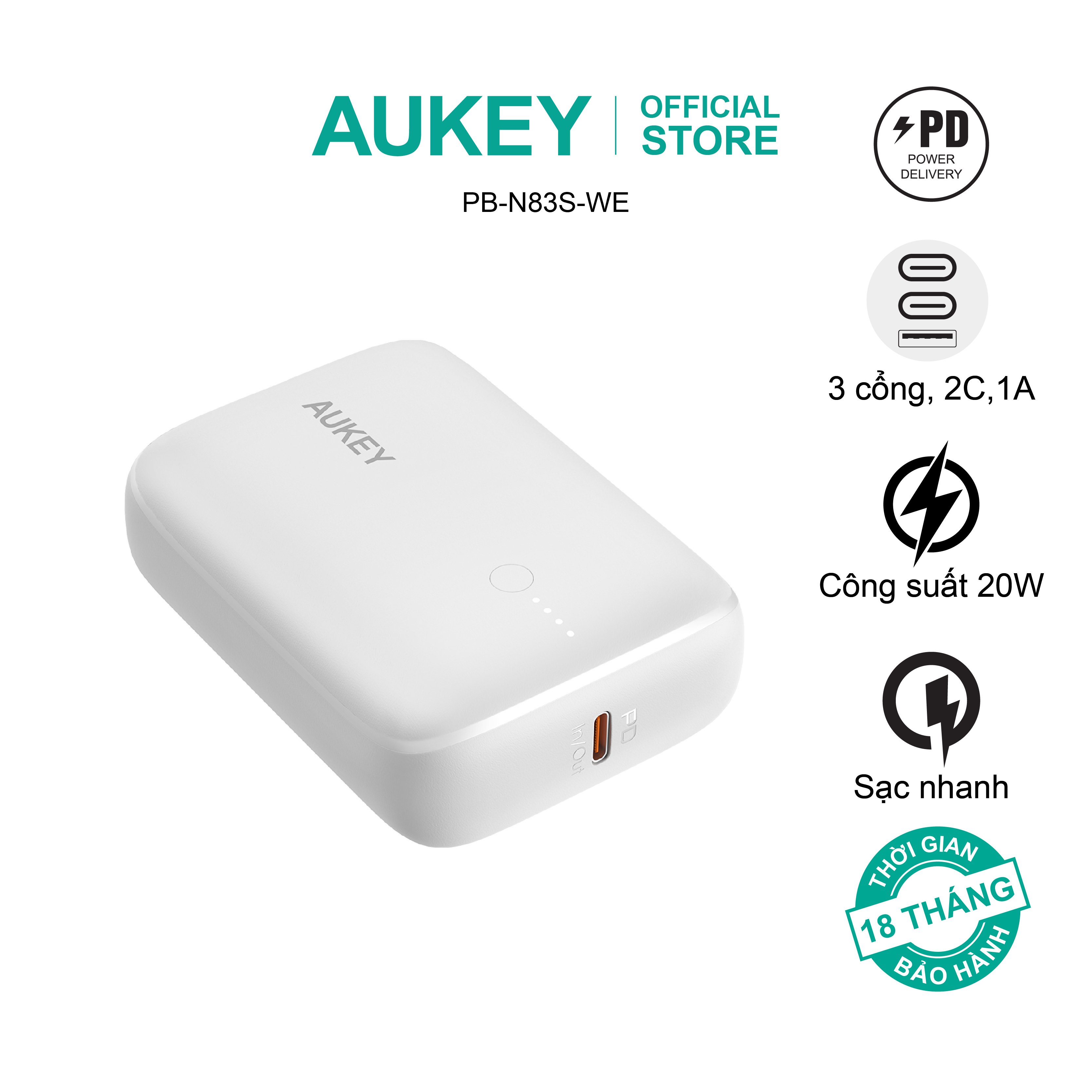 Pin sạc dự phòng Aukey PB-N83S 20W PD 10.000mAh, hàng chính hãng