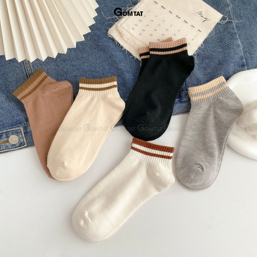 Set 5 đôi tất cổ ngắn nữ GOMTAT cổ sọc ngang nhiều màu, vớ nữ cổ ngắn chất liệu cotton mềm mại thoáng mát - CB095