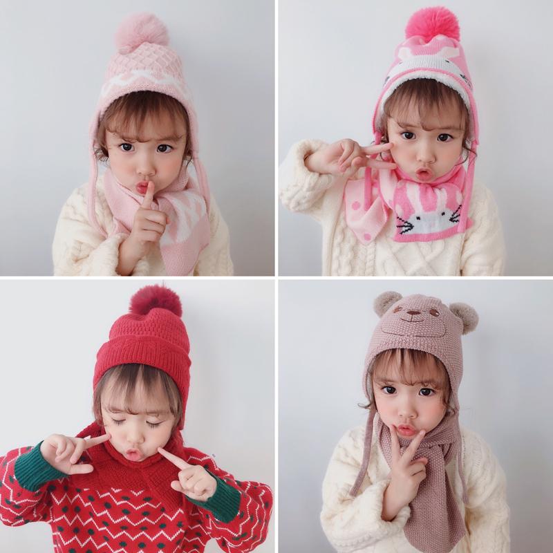 Cô Gái Ngọt Hai Cái Mũ Khăn Bộ Bộ Đội Mũ Trẻ Em Bé Trai Mũ Giả Bóng Pompon Giữ Ấm Mùa Đông dệt Kim Skullies Trẻ Em