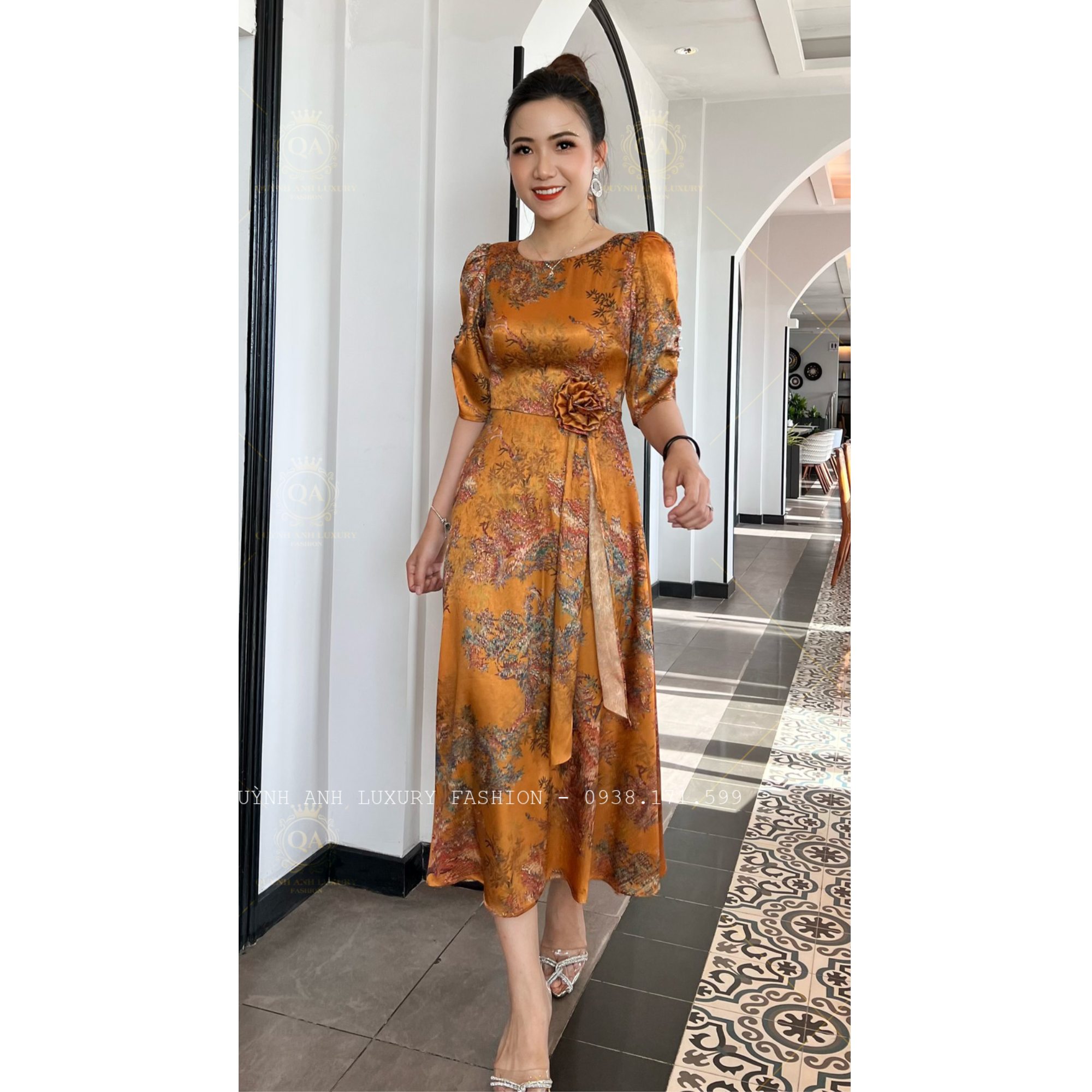 Váy Đầm Xoè Hoa Tone Vàng Đẹp Sang Trọng Cao Cấp Akina Dress