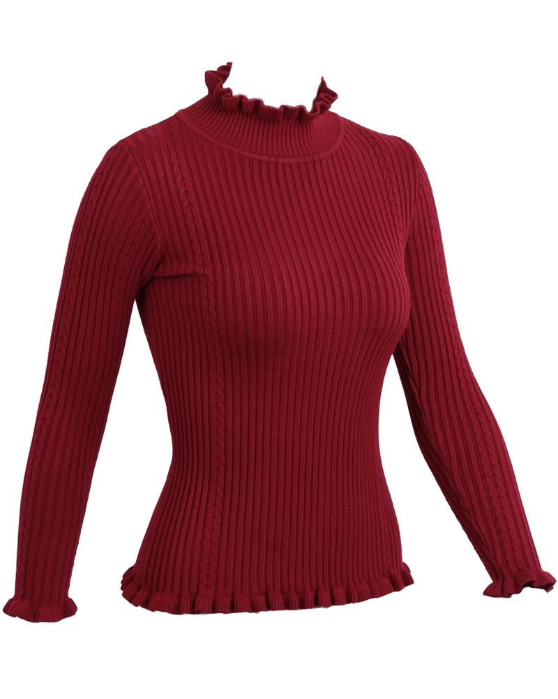 Women Ribbed Knitted Pullover Sweaters Turtle Neck Ruffles Solid Slim Stretchy Jumpers Knitting Top