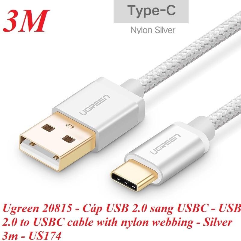 Ugreen UG20815US174TK 3M màu Trắng Dây USB 2.0 sang Type-C đầu nhôm dây bọc vinyl - HÀNG CHÍNH HÃNG