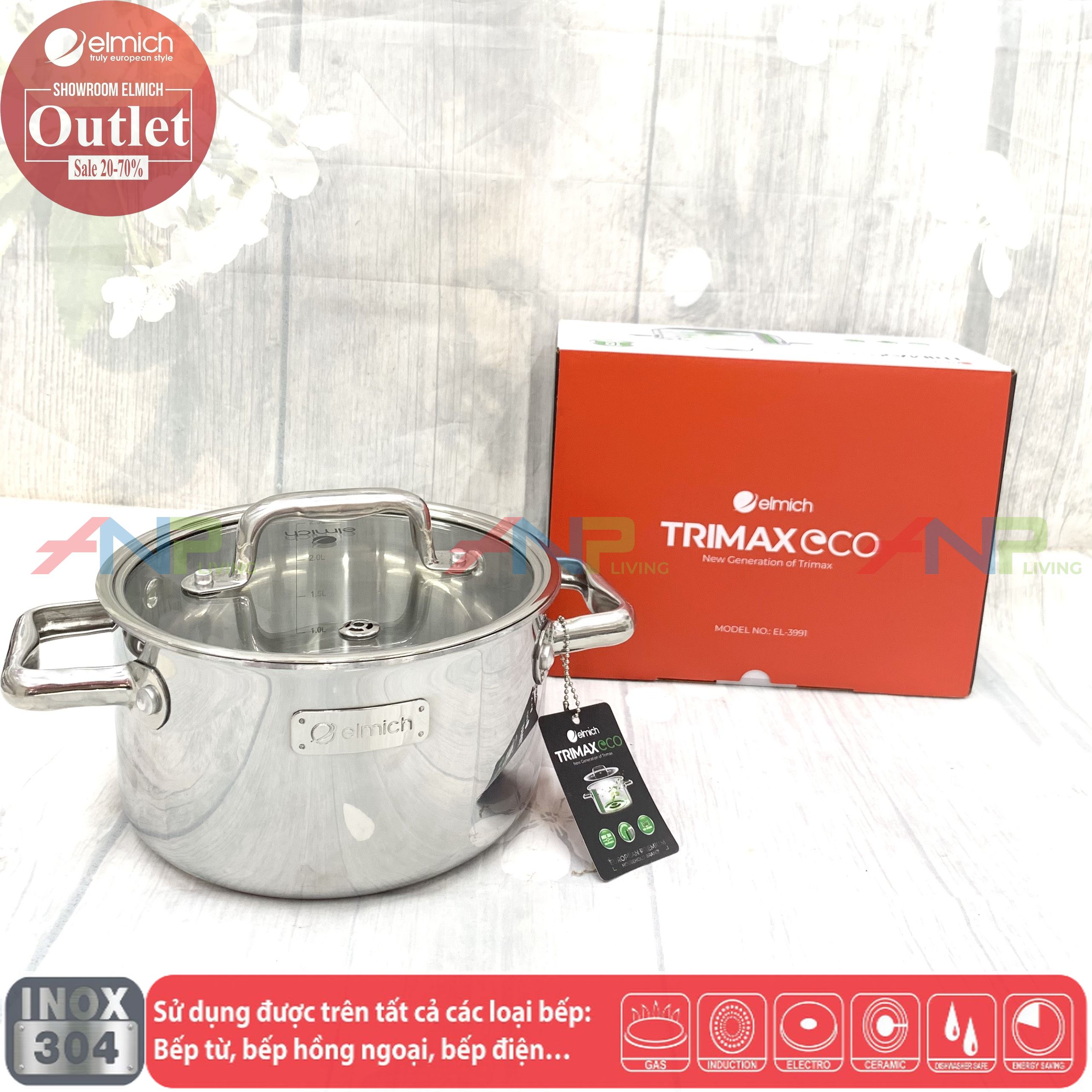 Nồi Đun, Nấu Inox 304 3 Lớp Đáy Liền ELMICH TriMax ECO 16/18/20/24/26/28cm