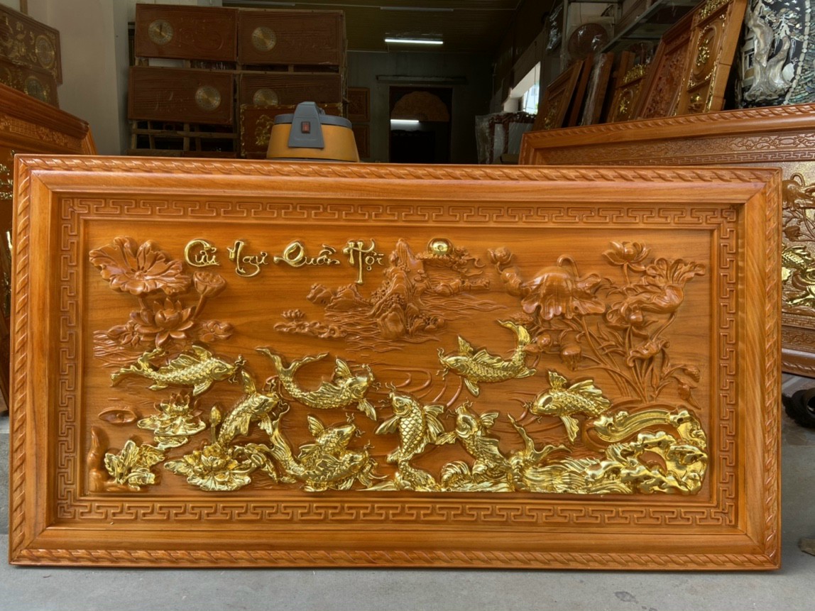 Tranh treo tường trạm khắc tích cửu quần hội bằng gỗ gõ đỏ kt 67×127×4cm