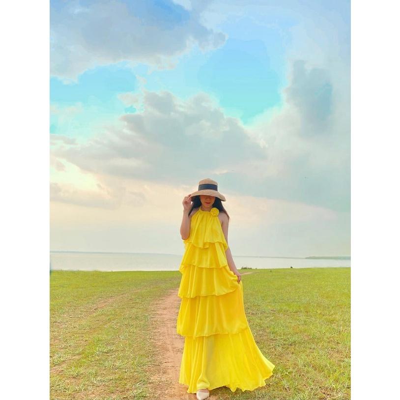 Đầm maxi cổ yếm đính hoa nối tầng thắt nơ đi biển Váy đi chơi biển du lịch 2 lớp giá rẻ G5