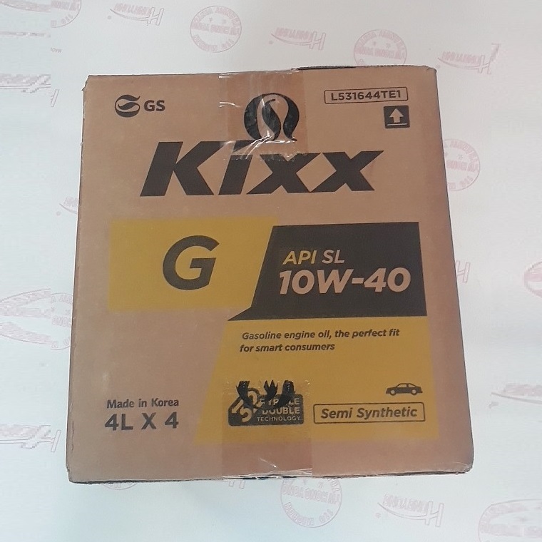 Một Thùng Bốn Can Dầu động cơ xăng bán tổng hợp Kixx G SL 10W/40 4L Can Thiếc Triple Double Technology Công nghệ Hai nâng Ba chống kỹ thuật đặc biệt của dầu máy Kixx