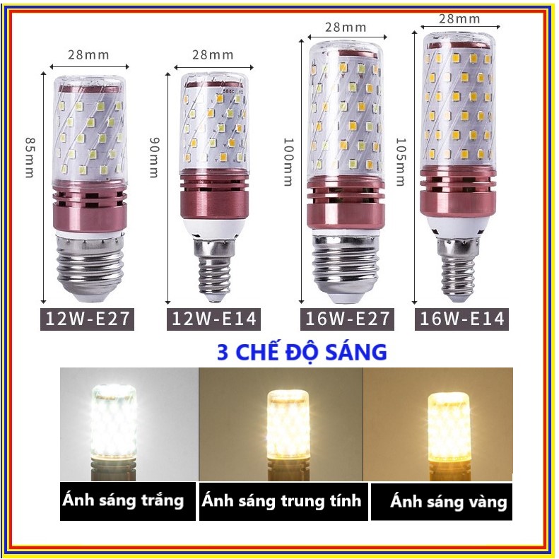 Bóng Led Bắp Ngô 12W 3 Chế Độ Ánh Sáng Trắng - Vàng - Trung Tính - Đui E14 và E27