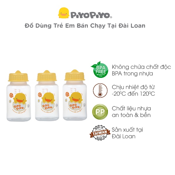 Bộ 3 bình trữ sữa 150ml Piyo Piyo, nhựa pp không chứa BPA