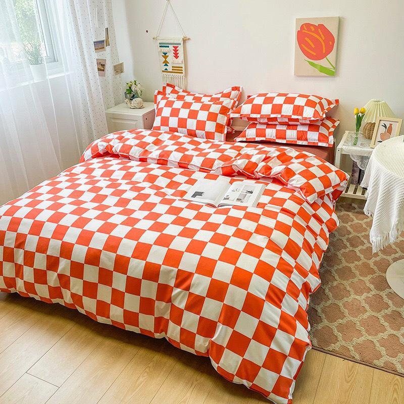 Bộ chăn ga gối Cotton Poly M2T Bedding, vỏ chăn mền, drap ga giường và 2 vỏ gối nằm - PL Bàn cờ vua đỏ
