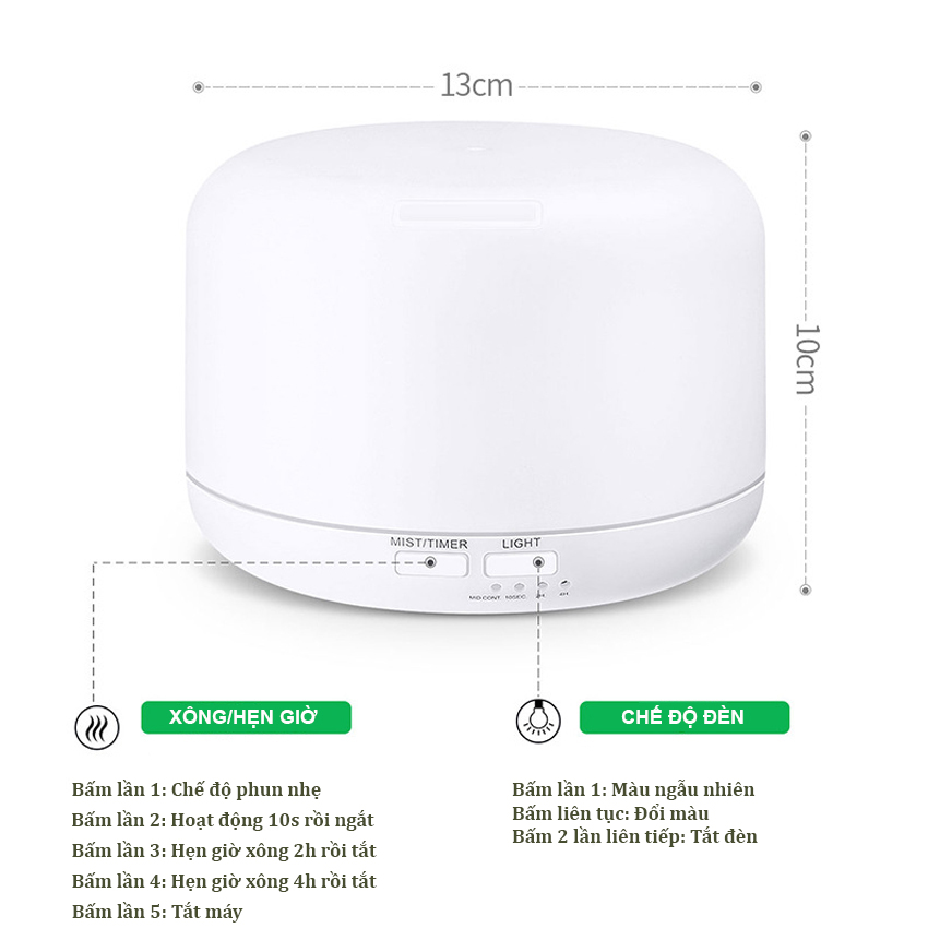 Máy khuếch tán tinh dầu trụ tròn loại lớn 500ml và 300ml led nhiều màu tự động tắt khi hết nước Venado