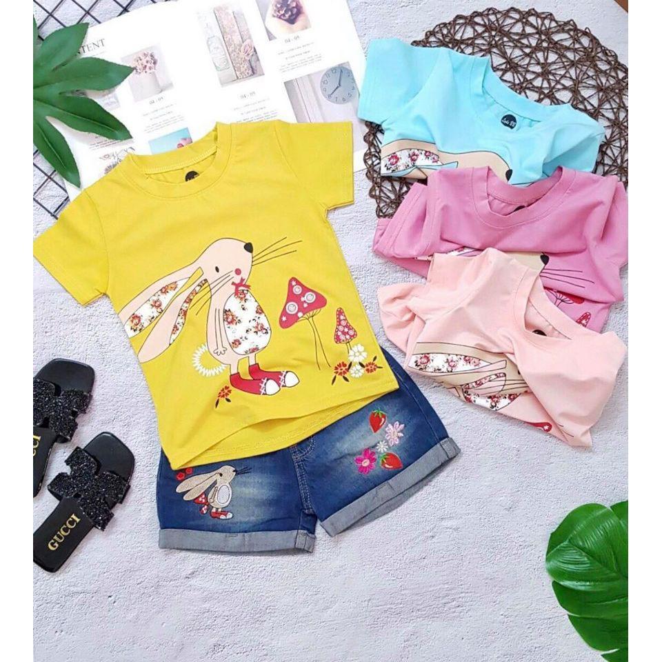 SIZE NHỎ _SÉT ÁO THUN CON THỎ PHỐI QUẦN SHORT JEAN