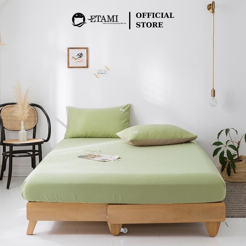 Bộ ga gối cotton tici ga trải giường và 2 vỏ gối màu xanh cốm miễn phí bo chun cho drap giường ga trải giường T02