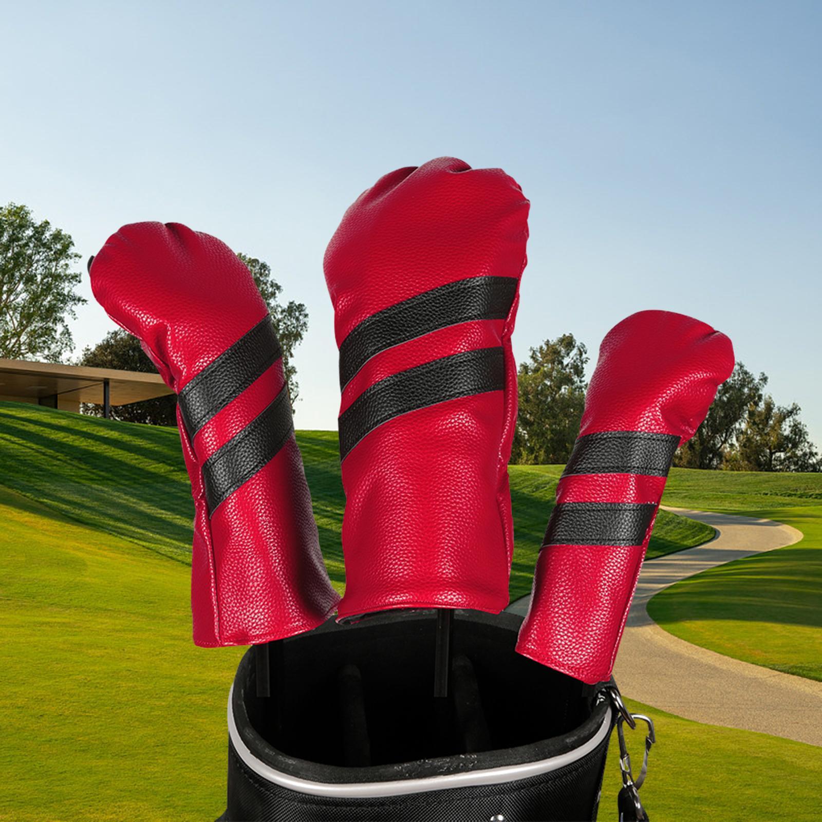 3Pcs PU Leather Golf Wood Covers Hybrid Cover with Interchangeable Tags Waterproof Long Neck Golf Headcovers for Woods Golf Club Covers