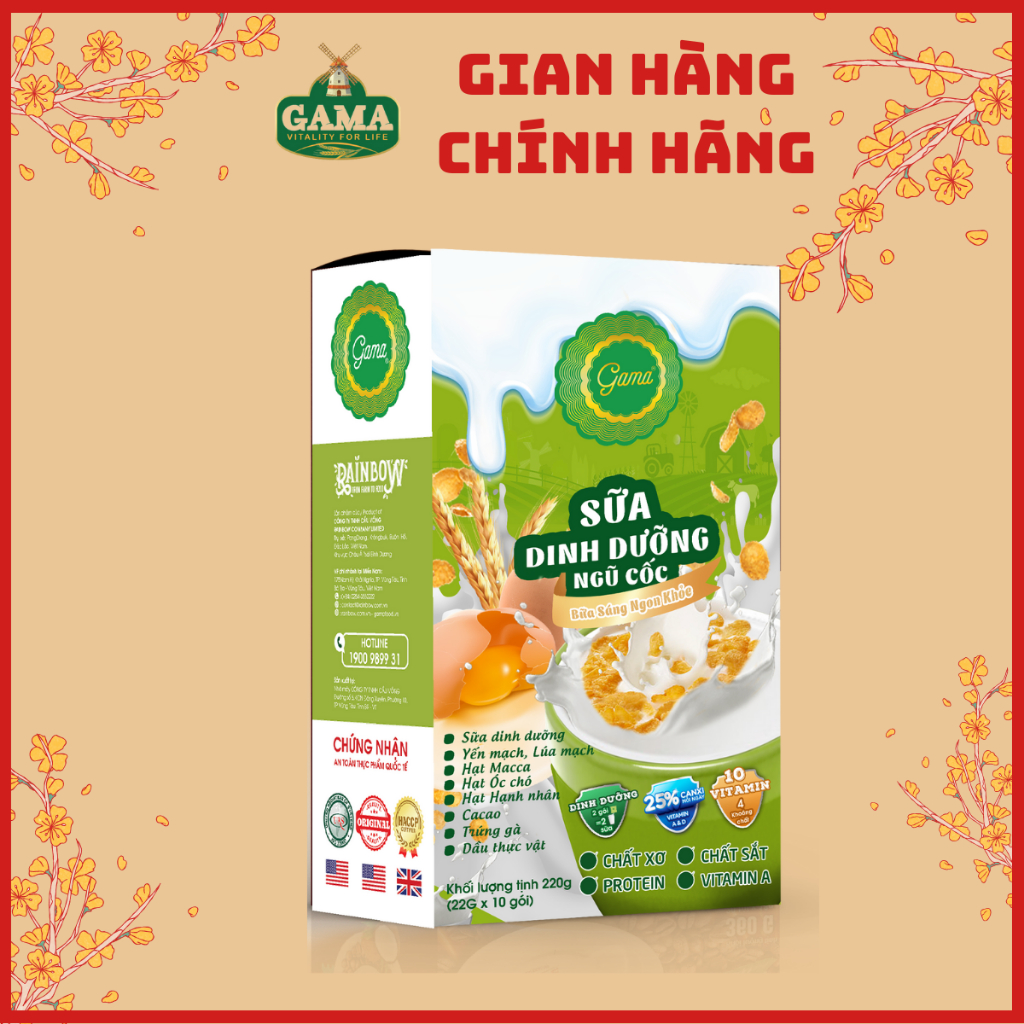 Sữa Dinh Dưỡng Ngũ Cốc Bổ Sung Canxi &amp; Chất Xơ - GAMA FOOD -  220g (10 gói *22gr)