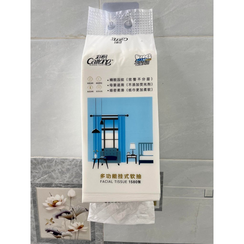 Khăn giấy 5 lớp dạng rút treo tường cao cấp Caitong 1580 Tờ 1 Túi mầu trắng cam, siêu dai mềm mịn
