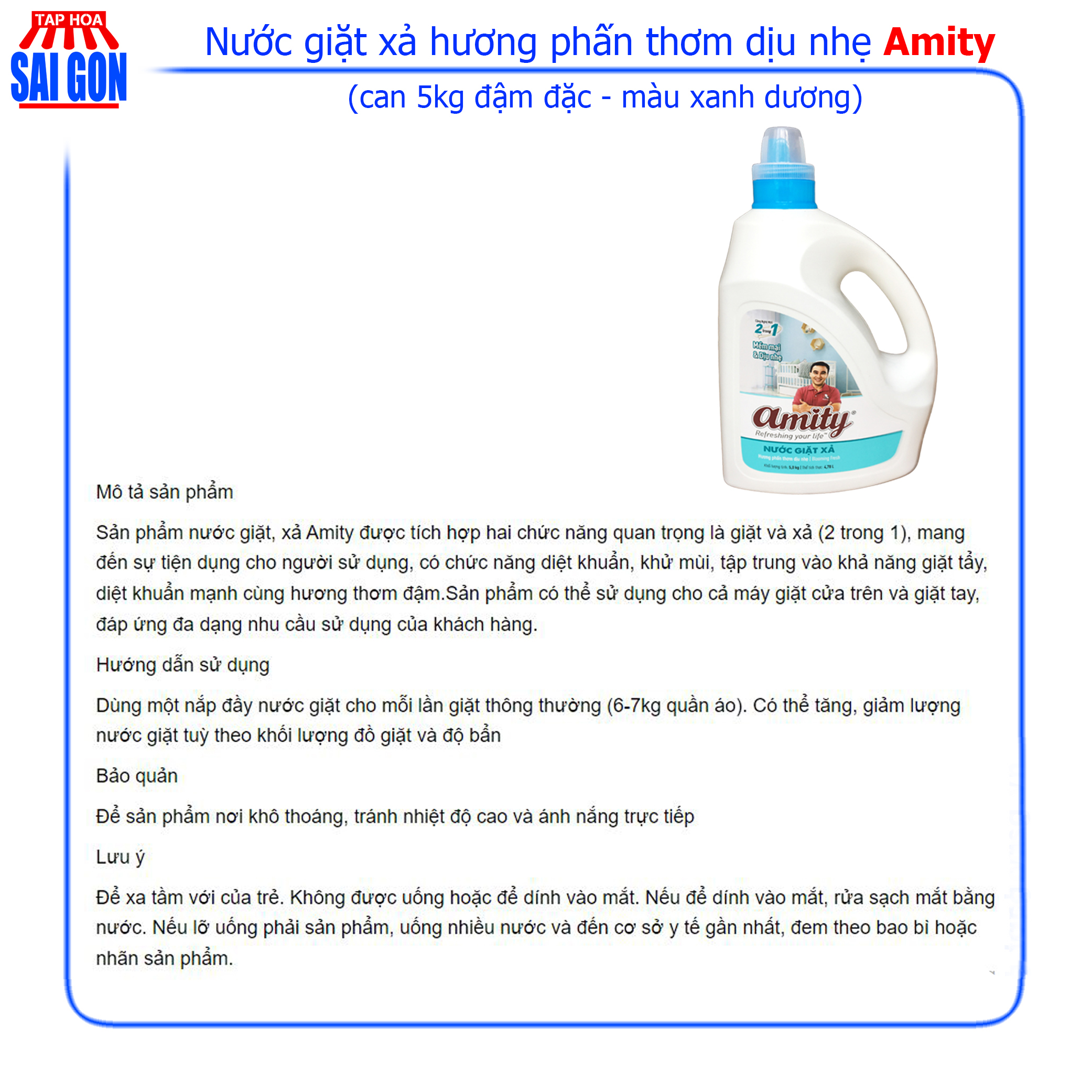 Nước Giặt Xả Amity hương phấm thơm dịu nhẹ (xanh dương) can 5kg giúp giữ mùi thơm nhẹ nhàng suốt cả ngày