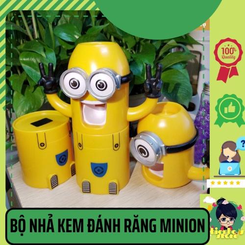 Bộ nhả kem đánh răng Minion ,bộ dụng cụ để bàn chải, kem đánh răng kèm cốc, màu sắc bắt mắt dễ thương HH0081