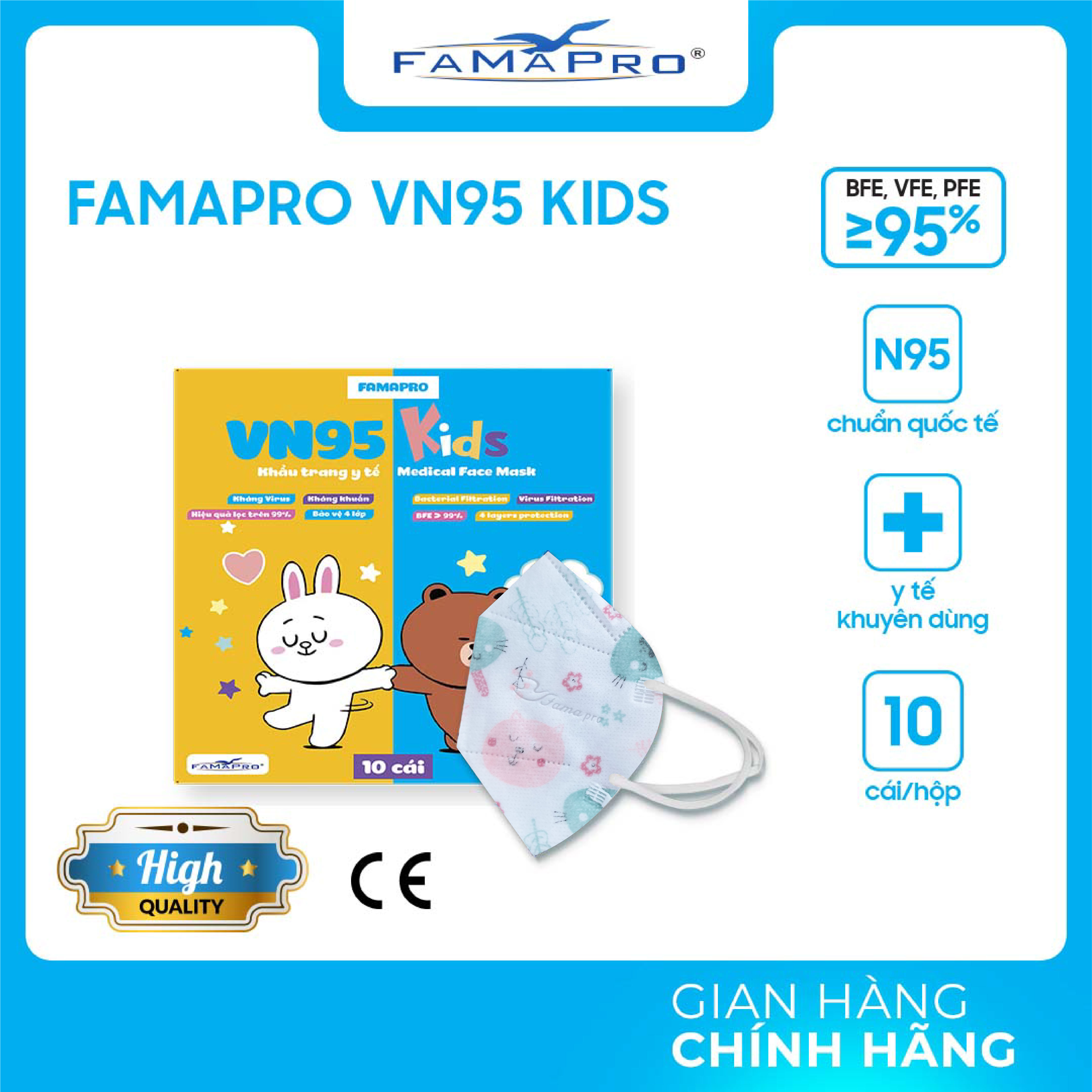 [HỘP - FAMAPRO VN95 KIDS] - Khẩu trang y tế trẻ em kháng khuẩn 4 lớp Famapro VN95 KIDS đạt chuẩn N95 (10 cái/ hộp)