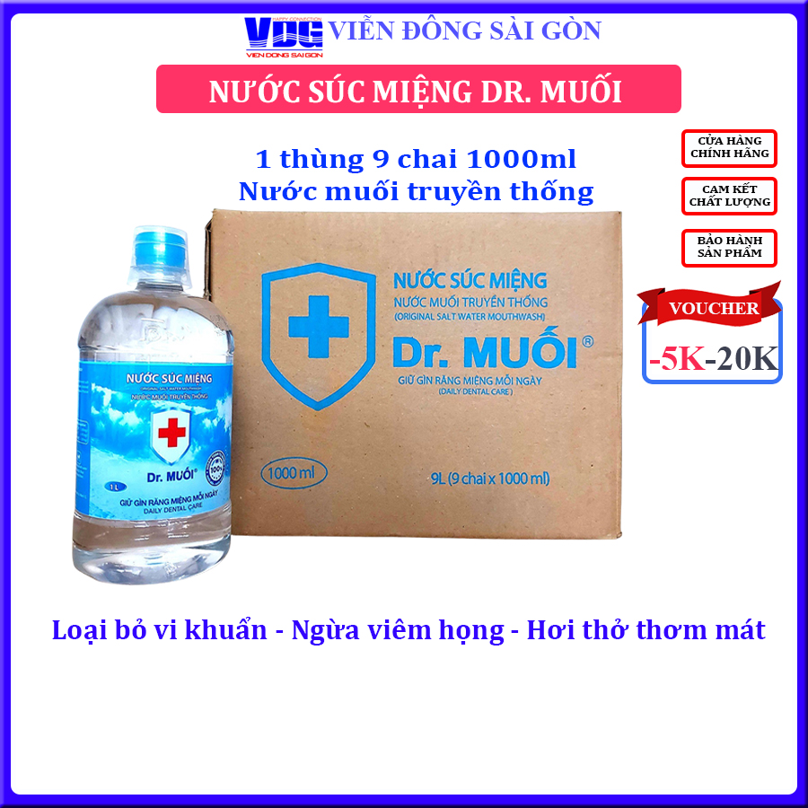 1 Thùng 9 chai Nước súc miệng Dr. Muối truyền thống 1000ml-Ngừa viêm họng, sâu răng, loại vi khuẩn, trắng răng, hết hôi miệng