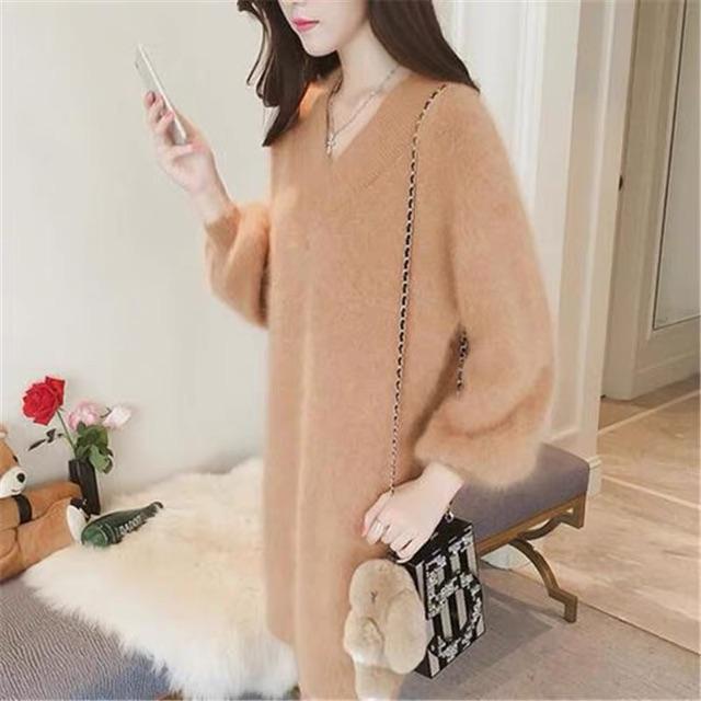 Đầm len lông suông cổ V siêu xinh êm mịn- săn tím