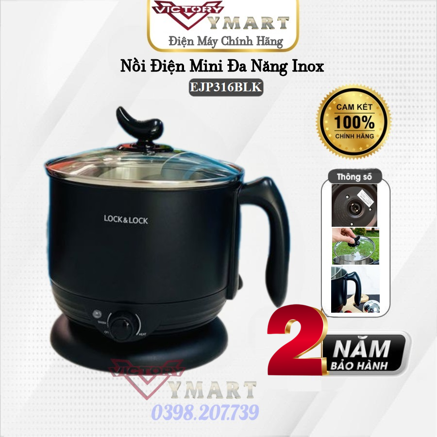 Nồi Điện Đa Năng Lock&amp;Lock EJP316BLK (1.2 Lít), nắp kính cường lực, lòng nồi inox 304,an toàn sức khỏe - Hàng Chính Hãng