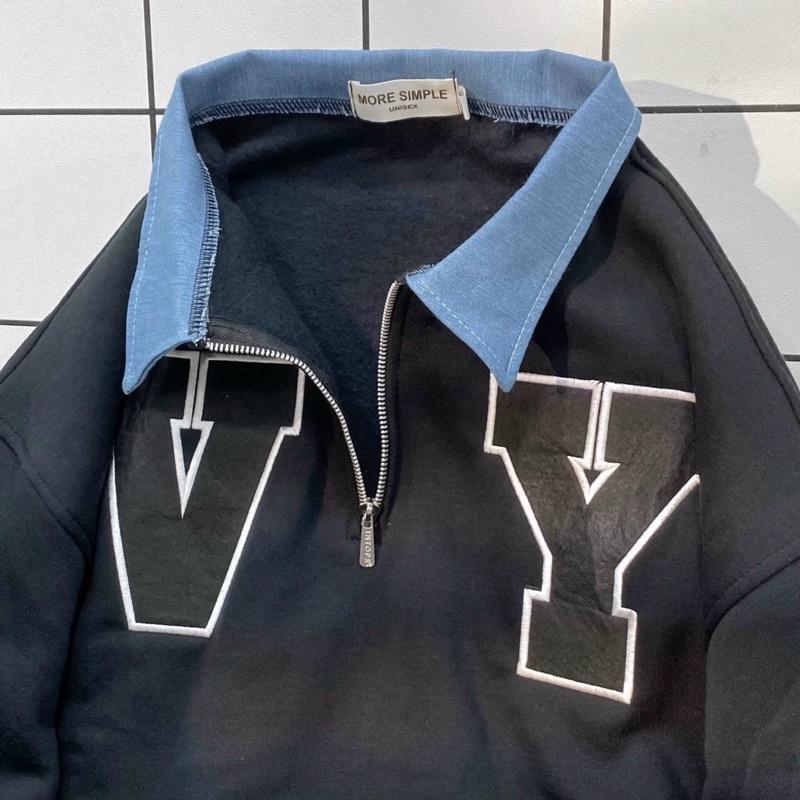 Áo Sweater V.Y Phối Zip Vải Nỉ Bông Form Rộng Ulzzang Unisex Nam nữ unisex Áo Sweater có cổ Jaystoree