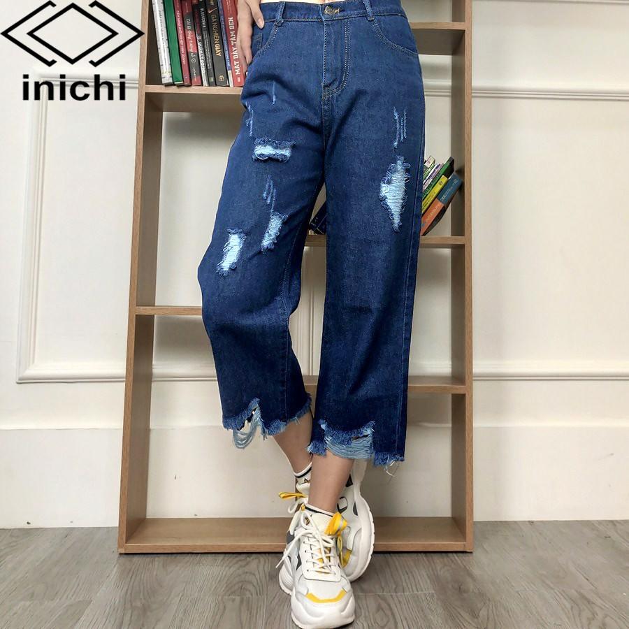 Quần baggy jean nữ Q703 xanh nhạt cạp cao kiểu rách form ống rộng INICHI Official