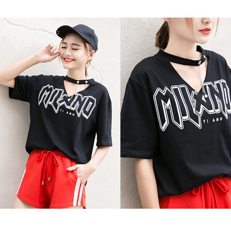 Áo thun nữ tay ngắn cổ chữ V in chữ gợi cảm