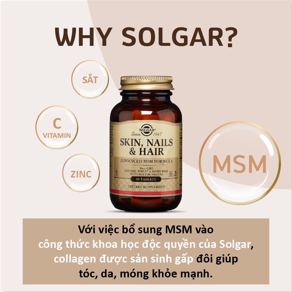 Viên Uống Solgar Skin , Nails And Hair Advance With SMS Giúp Đẹp Da , Chắc Móng , Tóc Giảm Gãy Rụng [Lọ 60 Viên]