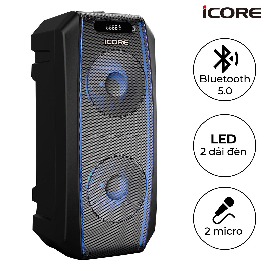 Loa Karaoke iCore i6. Loa xách tay có đèn chớp tắt. Kèm 2 Micro UHF kim loại cáo cấp - Hàng Chính Hãng