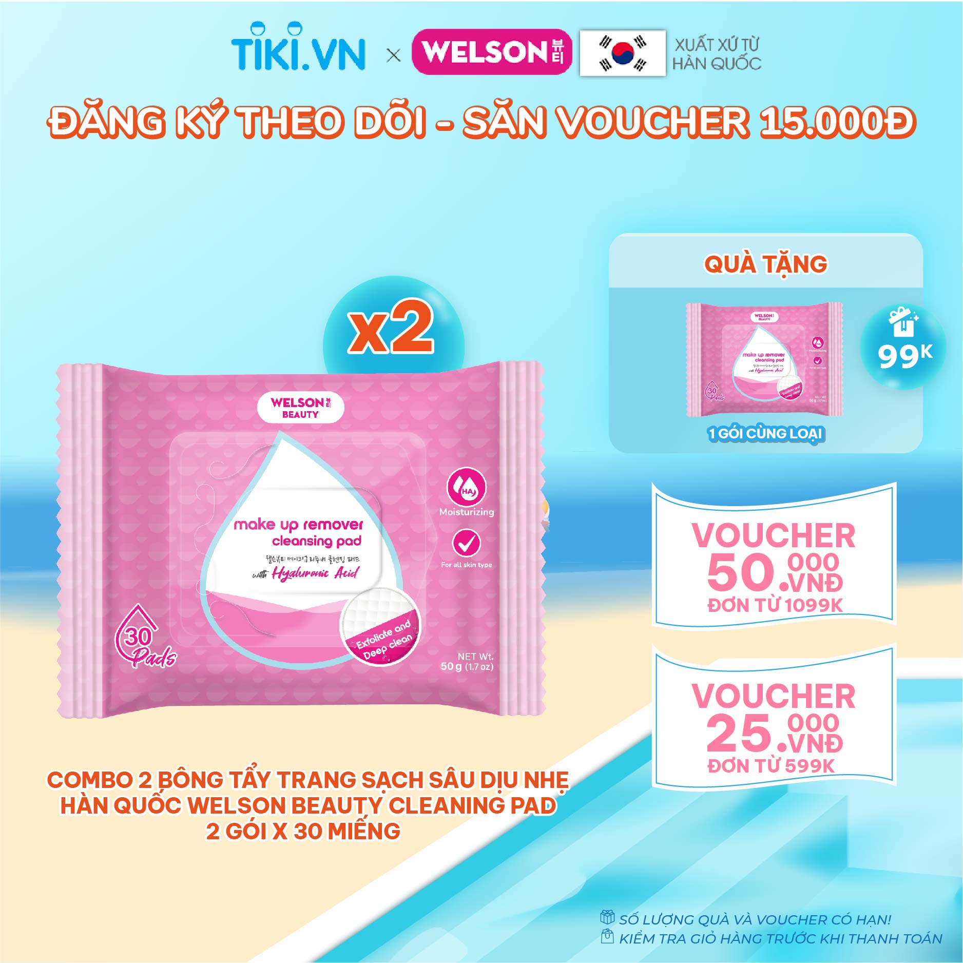 Combo 2 Bông tẩy trang sạch sâu dịu nhẹ Hàn Quốc Cleaning Pad Welson Beauty 2 gói x 30 miếng