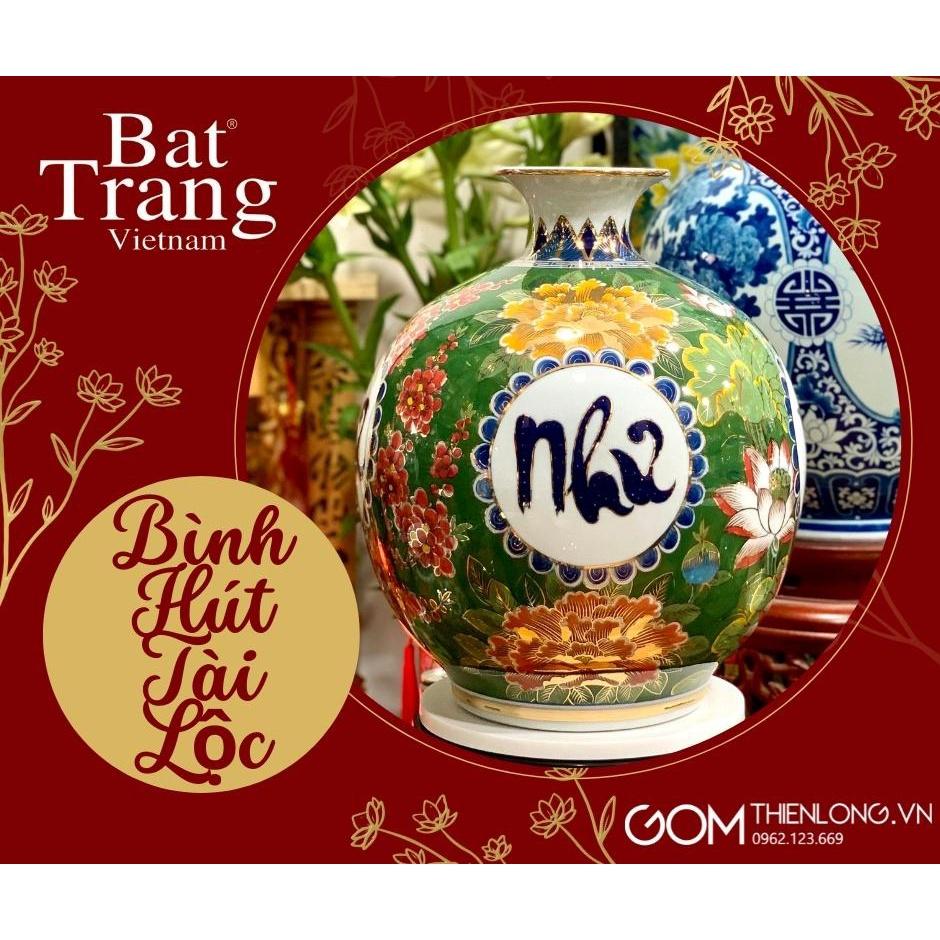 Bình Hút Lộc Vạn Sự Như Ý Vẽ Vàng Băng Xanh | Gốm Bát Tràng