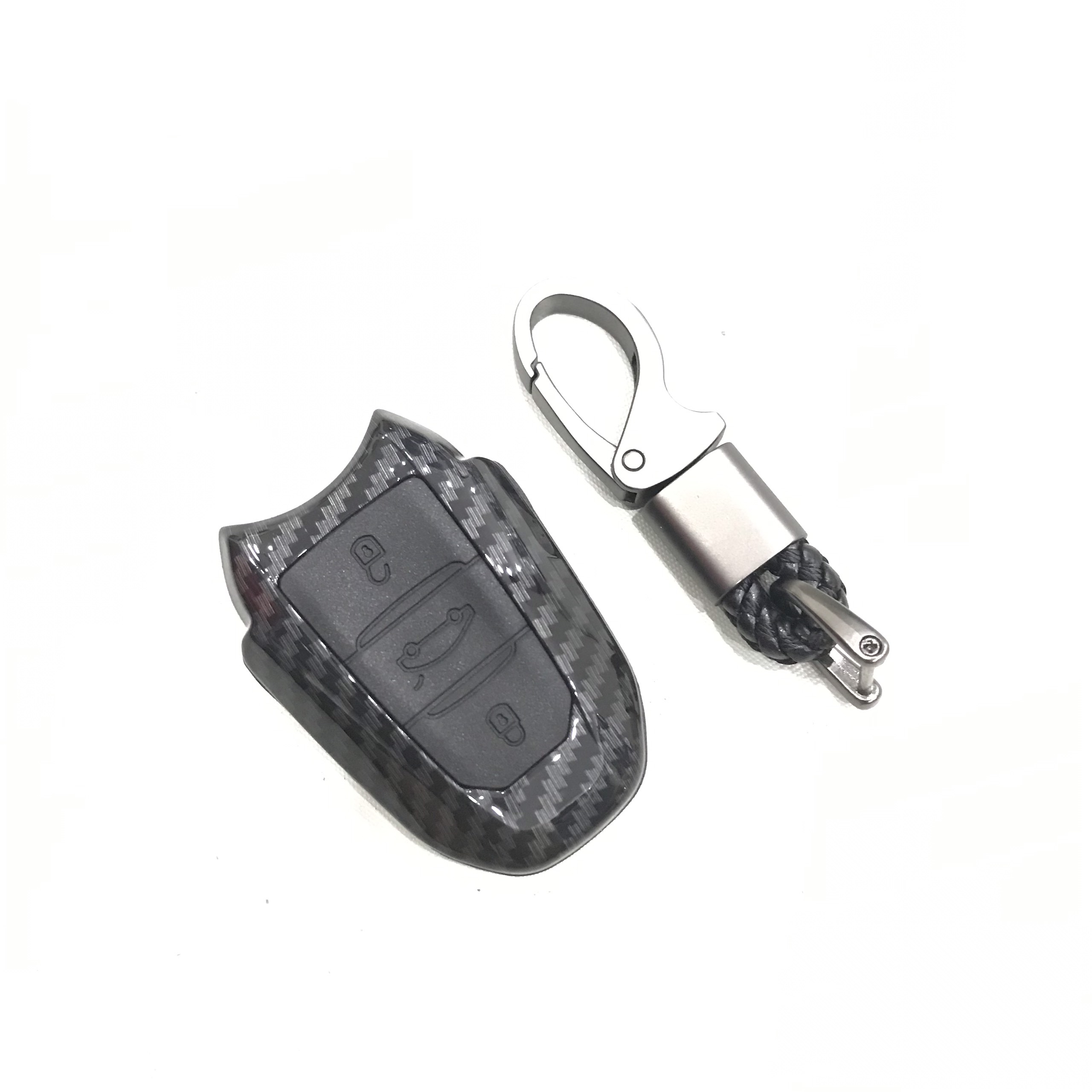 Ốp nhựa carbon lót silicon bảo vệ chìa khóa xe Peugeot 5008 kèm móc đeo INOX