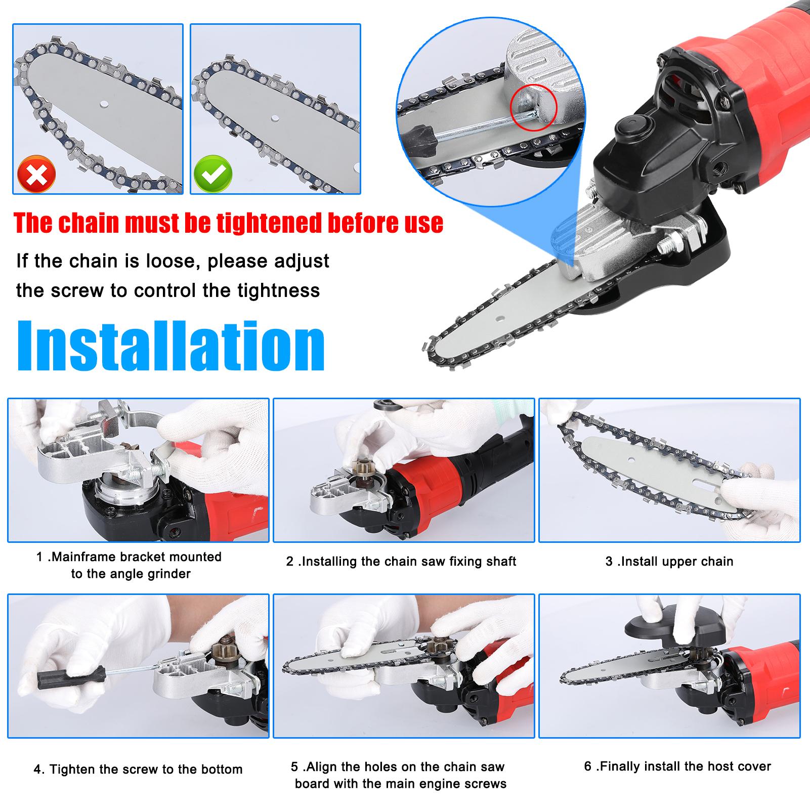 Máy mài góc Tái trang bị Bộ chuyển đổi cưa xích Bộ giá đỡ cưa xích 6 inch Thay đổi máy mài góc thành cưa xích Bộ công cụ Dụng cụ điện chế biến gỗ đa năng