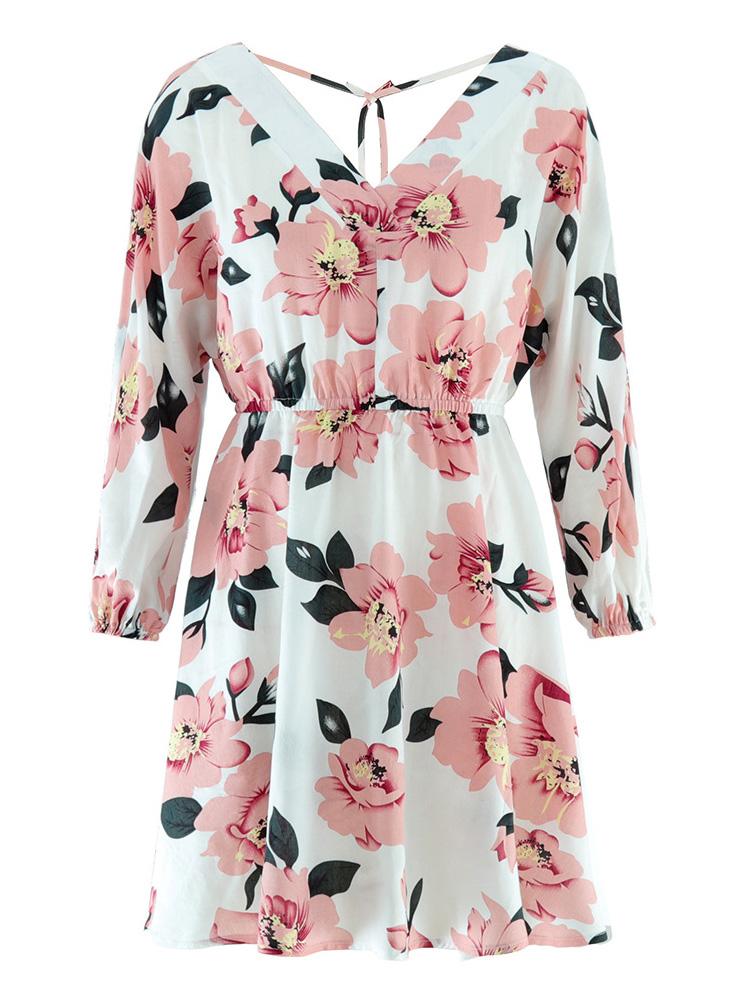 Sexy Women Dress Floral Print V Neck Long Sleeves Backless Self-tie Elastic Waist Ruffle Beach Casual Mini Dress Dark